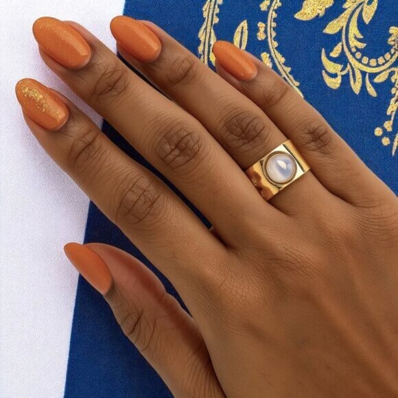 🆕 Celestial Statement Ring 18K Gold Plated Adjustable with Faux Pearl Glow - Picture 1 of 14